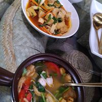 Mushroom ball soup and tofu mala spicy sauce at Reunion Cafe Luang Prabang in Luang Prabang
