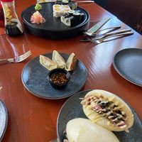 Vegan sushi platter, veg gyozas and mushroom bao buns.  at Rasa Restaurant in Lichfield in Lichfield