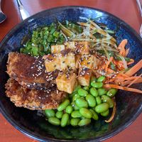 Vegan Poke bowl with tofu and aubergine in panko breadcrumb  at Rasa Restaurant in Lichfield in Lichfield