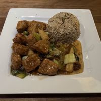Gardein Orange Chicken with Brown Ricee  at Yard House in Orlando
