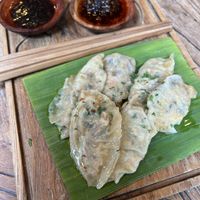 Vegan dumpling - mixed mushrooms, tofu, chayote, carrot, sweet corn, ubi noodle, long bean, chive  at Kayu Cafe in 