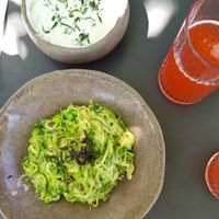 Zoodles (zucchini noodles) with lime sauce. Yoghurt soup (very good!) and homemade raspberry kombucha. at Bi Nevi Deli in Istanbul