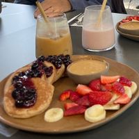 Gluten-free pancakes, strawberry cheesecake, latte and strawberry smoothie   at Bi Nevi Deli in Istanbul