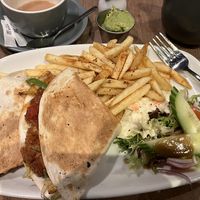 Vegan quesadilla and tea with oat milkk  at Cafebar 1780 in Glasgow