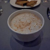 Beetroot soup with horseradish and almond cream at Cotell Cologne in Cologne