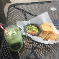Guac and chips and matcha late  at Foxy Loxy in Savannah