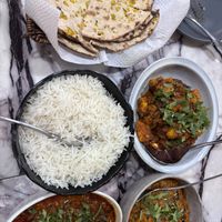 Rice, garlic roti, eggplant curry, potato/cauliflower curry and red kidney bean curry (forgotten the proper Indian names)   at The Spice Haven in Orange