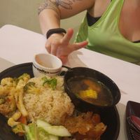 Chicken rice - add the chilli!! its so yum at HotCakes in Central Singapore