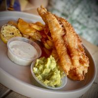 Vegan Fish and Chips with Mushy Peas and Tartare Dauce  at Cafe Needles Eye in Newbiggin-by-the-sea
