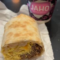 Vegan burrito with macadamia milk latte both so good  at Jaho Coffee Roaster & Wine Bar in Boston