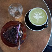 Blueberry pie and matcha latte at Pilkku in Helsinki