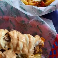 Served with chilli cheese dirty fries (so good) at Beelzebab in Brighton