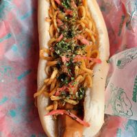 Asian noodles hot dog at Beelzebab in Brighton