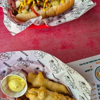 Hot dog and battered gherkins at Beelzebab in Brighton