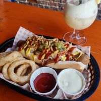 Hot dog and onion rings at Beelzebab in Brighton