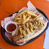 Krautwerk hot dog & fries  at Beelzebab in Brighton