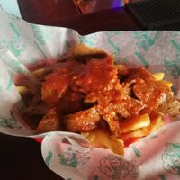 Fries with seitan and chilli sauce at Beelzebab in Brighton