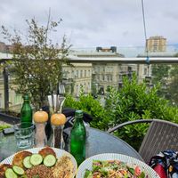 Vegan protein salad (right) and falafel bowl without the sauce (left) at W_Space in Baku