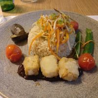 Brown rice with veggies, fried tofu cubes and Japanese plum sauce. at Restaurante Oslo in Valencia