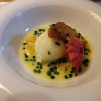 Green apple sorbet with apples three ways and creme anglais at Restaurante Oslo in Valencia