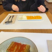 Orange dessert and cheesecake from lunch set menu   at Restaurante Oslo in Valencia