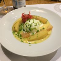 Vegan custard with apple in 3 textures and hibiscus flower. It was delicious and looked beautiful! at Restaurante Oslo in Valencia