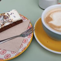 Carrot cake and latte at Cobbles and Clay - The Art Cafe in Haworth