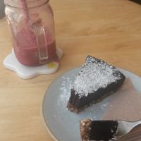This was the delicious chocolate cake (the white bits on the top are coconut) at Cobbles and Clay - The Art Cafe in Haworth