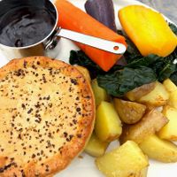 Wild mushroom bourguignon pie, new potatoes, heritage carrots at Brown Cow in Clitheroe