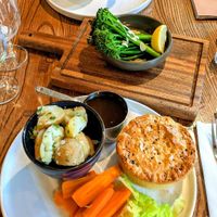 Mushroom bourgignon pie & beetroot burger at Brown Cow in Clitheroe