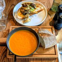 Mushroom on sourdough & red pepper soup at Brown Cow in Clitheroe