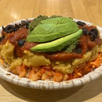 Mediterranean bowl with avocado  at Lotus Seed Vegan in Vancouver