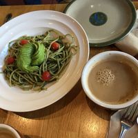 spaghetti with pesto sauce at Lotus Seed Vegan in Vancouver