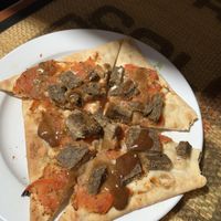 Vegan sausage caprese breakfast pizza!  at Stagecoach Coffee Roasters in Cooperstown