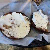 Cinnamon raisin bagel with vegan cream cheese…I couldn’t wait!  at Stagecoach Coffee Roasters in Cooperstown