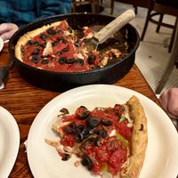 Veggie deep dish (sub vegan cheese), add olives oil  at Pizzeria Due in Chicago