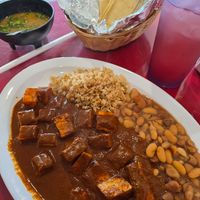 Vegan tofu mole with beans and brown rice, tortillas. at La Flor De Loto in South Gate