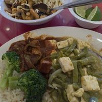 Tofu in either tomatillo green sauce with cactus or red mole tofu with cactus. Talk about healthy! at La Flor De Loto in South Gate