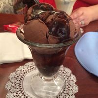 Single scoop vegan chocolate ice cream with vegan chocolate sauce! Best non-dairy ice cream I've ever tasted. at Sweet Moses Soda Fountain and Treat Shop in Cleveland
