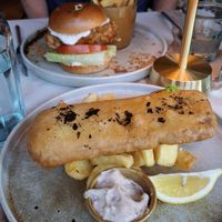 Tofish and chunky chips and plant chicken fillet burger at Ffarm Hall in Abergele