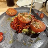 avocado on toast with red pepper and tomato  at Glebe Farm Shop & Tea Room in Kettering