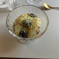 Pistachio sorbet with maraschino cherries   at Martini House in Copenhagen