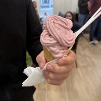 vanilla oat base with strawberry and banana in a waffle cones  at Bramble & Berry Ice Cream in Lancaster