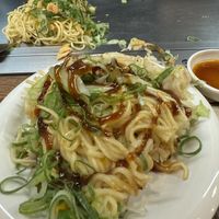 A picture getting the the second quarter of the meal with some of the vegan sauce on it  at Nagataya in Hiroshima