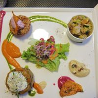 The daily vegan special. Every component was brimming with flavor, from the sauces to the roasted sweet-potato chips and tiny bowl of winter-veg stew. at Rest'o in Bordeaux