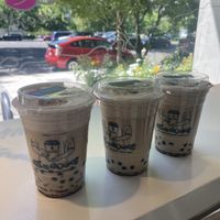 Brown sugar mylk tea on the left, pistachio mylk tea in the middle and to the right   at NUTTEA in Redmond