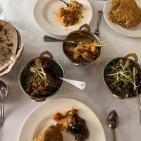 Tandoori roti, aloo baigan, aloo gobi mattar, Jaipuri masala bhindi, methi poori (and samosas *not pictured)  at Chaat Bhavan in Dublin