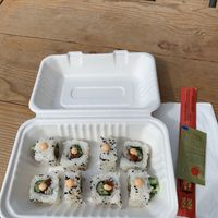 SushiLoving it! Ahi(ish)Tuna rolls on a sunny blue skies day out on the deck.  Bliss!   at Sushi Love in Portland