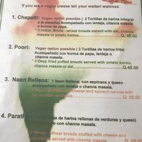Menu with vegan options clearly marked at Sabor de la India in Quetzaltenango