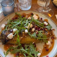 Eggplant dish with vegan feta. Matcha with oat milk.  at Café Madame in Ile-de-france